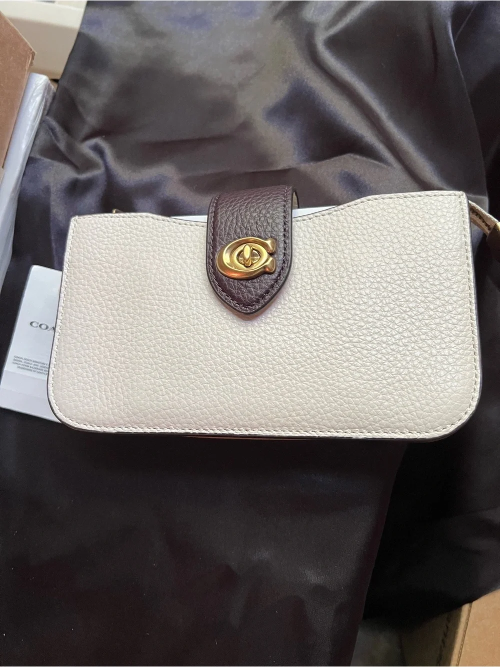 Coach Two-Tone Chalk & Dark Brown Pebbled Leather Crossbody & Gold Chain NWT